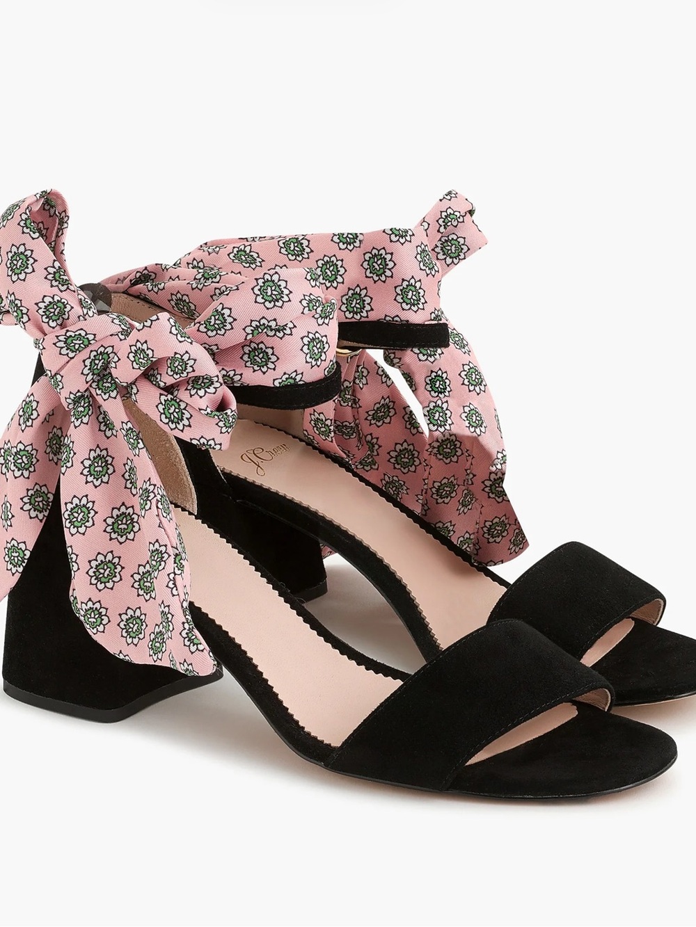 J. Crew Penny Black Suede Block Heel Sandals with Pink Floral Scarf tie Size 8.5